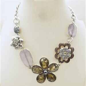 Chunky Flower Statement Necklace NY Collection Silver-Tone w/Gold & Gray accents
